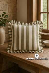 INDIAN TEXTILES H/L Striped Linen Cotton Throw Pillow <b>Square</b> Ruffle <b>Edge</b> Washable Decorative Cushion Cover - Product Image 1