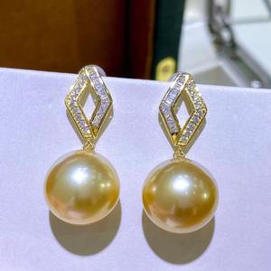 Boucles d'oreilles en perles d'or naturel 925, diamants, exquises et superbes, fermoir d'oreille, 12-11 mm, rondes, presque parfaites, pour le quotidien - Product Image 1