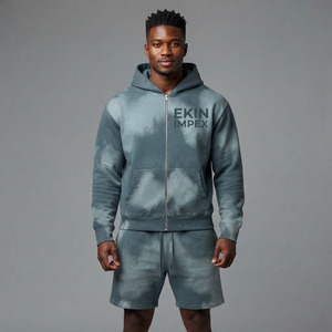 Custom Logo <b>Men's</b> Hoodie Acid Wash <b>Zip</b> Up Hoodie and <b>Shorts</b> Set <b>Men</b> Heavyweight French Terry Cotton 2 Piece Tracksuit - Product Image 3