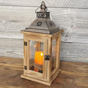 Farol de Vela Rústico de Madera y Metal, Farol Decorativo Estilo Granja con Paneles de Vidrio para Decoración del Hogar y Bodas - Product Image 4