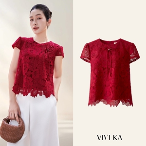 Women's Red Floral Lace Blouse Cap Sleeve O-Neck Sheer <b>Layer</b> Elegant Feminine <b>Top</b> Spring Summer Wear VELA - Product Image 1