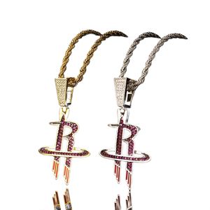 Best Price <b>Silver</b> Plated Houston Rockets Pendant With Ruby Rhinestones Micro Pave Iced Out Hip Hop Jewelry Unisex Letter R <b>Charm</b> - Product Image 3