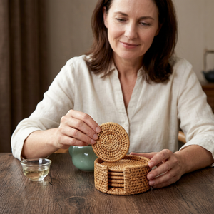 Natural Brown Wood Coasters Handmade Food Grade Elegant Design Perfect Home Kitchen Tabletop Daily Usable Accessories Set 6 Pcs - Product Image 1