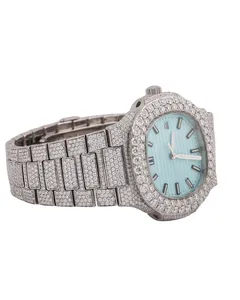 Montre de luxe classique à quartz avec cadran bleu glacé, entièrement sertie de diamants Moissanite VVS carrés, style Hip Hop, haute qualité - Product Image 3