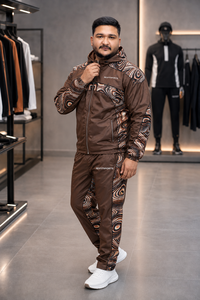 REXFIT SPORTS 2026 Custom <b>Men</b>’s Brown Nylon Tracksuit Set Full Zip Hooded <b>Jacket</b> and Pants Printed Panels Custom Sportswear - Product Image 3