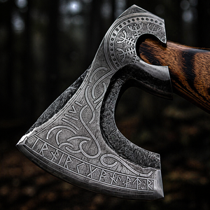 UMAR FAROOQ Custom Handmade Industrial Grade <b>Viking</b> <b>Axe</b> Flat Backed Damascus Steel Blade 16in Overall Length 3Lb Weight Leather - Product Image 3