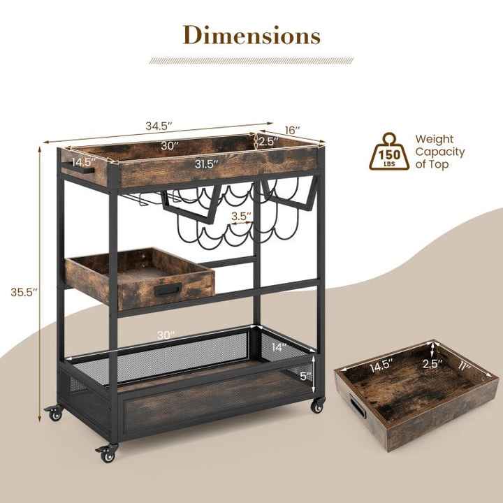 Industrial 3-Tier Serving Cart with Wine Rack for Hotels & Restaurants