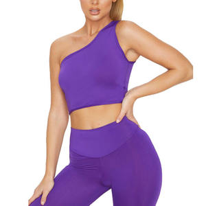 Women's <b>One</b> Shoulder Asymmetrical Neck Seamless Sports Bra Medium Support Solid Purple Yoga Fitness <b>Top</b> - Product Image 1