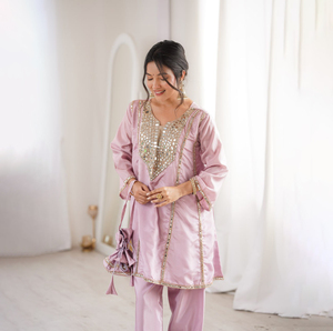 Antra Lifestyle Pink Silk Salwar Kameez Co-ord Set Mirror Work Lace Quick Dry Short <b>Kurti</b> Trouser Regular Fit Modern Party - Product Image 1