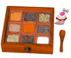 Caja de madera para especias con tapa de vidrio y seis compartimentos para hierbas y especias, diseño tradicional tallado. - Product Image 4