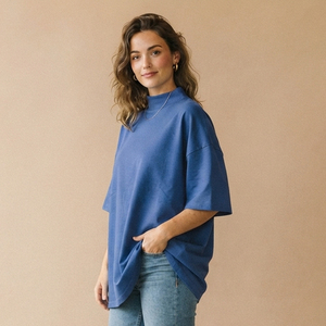 T-shirts à manches courtes oversize pour femmes, col montant, style décontracté, coupe ample, style sportif, épaules tombantes - Product Image 4