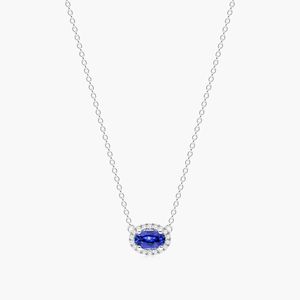 East-West Blue Sapphire Halo <b>Necklace</b> in White Gold Horizontal Oval Sapphire Pendant with Diamond Halo September <b>Birthstone</b> - Product Image 4