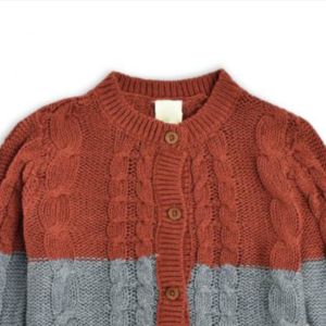 Cardigan en tricot torsadé pour femme, orange et gris, à blocs de couleur, manches longues, col rond, fermeture boutonnée, style décontracté, 100 % acrylique, pour l'automne - Product Image 4