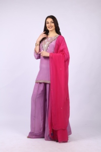 Conjunto de traje Sharara de 3 piezas para mujer, color rosa, con cuentas, lentejuelas, corte Dana y trabajo con hilo de espejo. - Product Image 5
