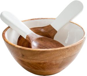 Ensemble de 3 bols et ustensiles en bois - 9,5 pouces en bois véritable avec intérieur émaillé blanc, saladier, porte-fruits et bonbons, récipient à sauce, décoratif - Product Image 1