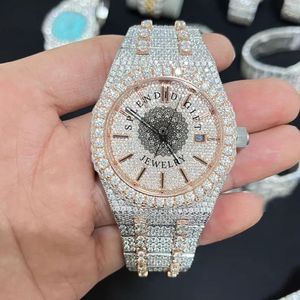 Splendide montre pour homme en moissanite, analogique, à quartz, avec cristal saphir, bracelet argenté 15 mm, fermoir papillon de luxe, mouvement ETA - Product Image 1