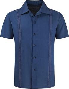 Chemise en lin pour homme pour l'été, style cubain Shagua Abella, design colorblock, brodée, à manches courtes, décontractée, col à revers, anti-rétrécissement - Product Image 3