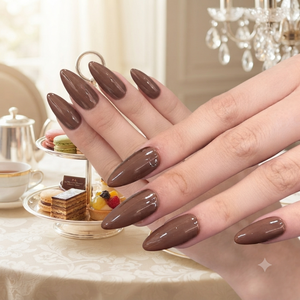 Medio Almendra Uñas Acrílico Pre-diseñado Dedo Mocha Marrón/Cacao Taupe Color Sólido Croissant Glow - Product Image 4