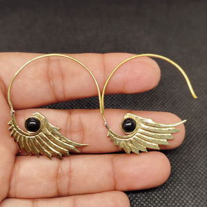 Hand Carved Brass Stone Hoop <b>Earring</b> Real Black Onyx Hoop <b>Earring</b> - Product Image 1