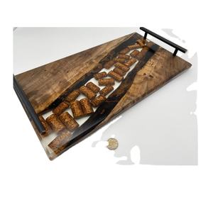 Bandeja plana de madera de Acacia, bandeja hecha a mano de resina y madera con mango de metal, el mejor precio, venta al por mayor - Product Image 2