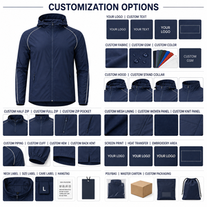 Men's Navy Hooded Sport Jacket Quick Dry Polyester <b>Zip</b> Front Elastic Cuff <b>Zip</b> Pockets Custom Logo Spring Wear - Product Image 6