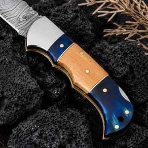 Couteau pliant artisanal en acier Damas avec manche en bois bleu, étui en cuir, personnalisable OEM/ODM, couteau de chasse d'extérieur à bord biseauté - Product Image 4