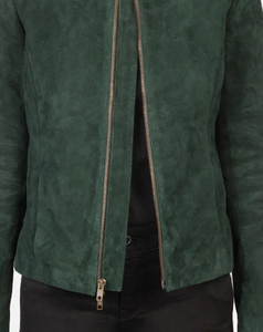 2026 Premium Quality Women's High Street Women's Green Suede Moto Jacket <b>Stand</b> Collar Full Sleeve Zipper Closure Autumn Wear - Product Image 5