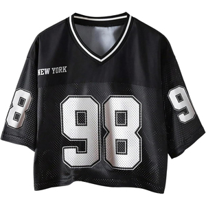<b>Women</b> V Neck <b>Mesh</b> Crop <b>Top</b> Short Sleeve Loose Fit Black Sporty Jersey With 98 Number And New York Print Breathable - Product Image 1