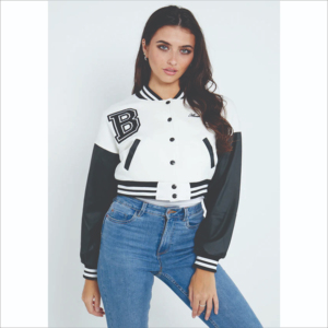 เสื้อแจ็คเก็ตวาร์ซิตี้ทรงครอปสั้นสไตล์วินเทจสำหรับผู้หญิง พร้อมงานปักแบบกำหนดเอง คอตั้ง ผ้าฝ้ายระบายอากาศดี ดีไซน์สำหรับฤดูหนาวและกิจกรรมกลางแจ้ง - Product Image 1