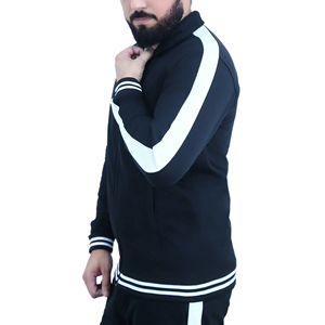 Men's <b>Black</b> Zip Up Tracksuit Set Stand Collar Jacket <b>And</b> Pants <b>White</b> <b>Stripe</b> Sporty Outfit - Product Image 3