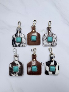 Custom Designer Hair on Hide Cowhide Leather <b>Keyrings</b> Genuine Leather Turquoise Stone Western Stylish Key Chain Hot Sale <b>Mini</b> Ba - Product Image 6