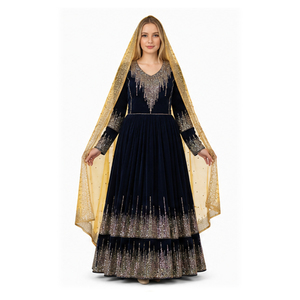 Vestido Tradicional Indio-Pakistaní para Mujer, Kurta hasta el Tobillo, Color Azul Marino, Seda, Bordado Dorado, Algodón, Vestido Afgano Kuchi - Product Image 1