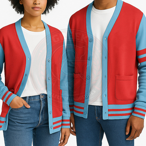 Cardigan en coton molletonné tricoté contrastant rouge et bleu pour homme et femme avec poches, col en V, manches longues, à porter toute l'année - Product Image 1