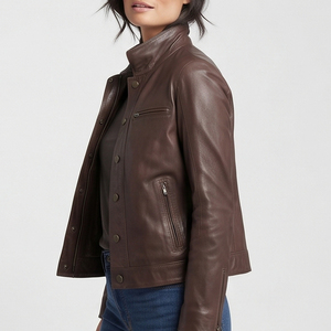 <b>Women's</b> Genuine Sheep Leather <b>Racer</b> <b>Jacket</b> Slim Fit Motorcycle Riding Windproof Breathable Full Sleeve Stand Collar Chest Pocket - Product Image 2