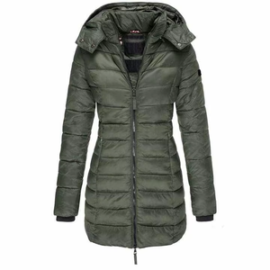 Veste longue matelassée à capuche pour femme, coupe-vent d'hiver, épaisse, avec fermeture éclair, vêtement d'extérieur décontracté, couleur unie, 100 % polyester - Product Image 6