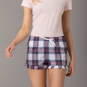 Shorts en flanelle à carreaux pour femmes, taille mi-haute, cordon de serrage, coupe régulière, style décontracté avec volants, motif blanc, rose, noir - Product Image 5