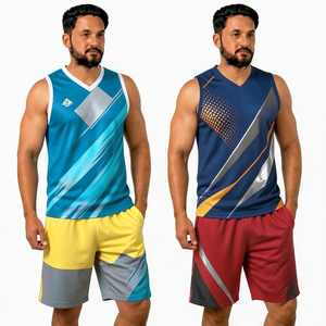 Conjunto de camiseta sin mangas y pantalones cortos con estampado geométrico para hombre, cuello en V, de secado rápido, tejido de poliéster, estilo deportivo, para verano. - Product Image 2