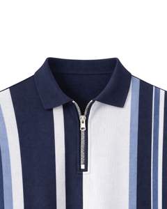 Manufacturer Mens Half Zip <b>Polo</b> <b>Shirt</b> <b>Navy</b> <b>Blue</b> And White Vertical Stripe Short Sleeve Casual Knit Top Custom Manufacturer OEM - Product Image 6
