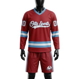 Men <b>Red</b> Blue Sublimated Ice Hockey V Neck Striped Jersey Shorts Set Polyester Sports Uniform Match Training Performance Clothing - Product Image 1