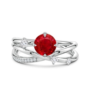 Anillo de Compromiso Cruzado de Oro 14K 18K con Rubí Natural de Corte Redondo y Diamantes Dispersos, Joyería Fina Certificada - Product Image 1