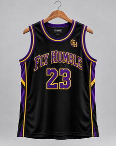 Maillot de basketball Fly Humble noir, violet et or 23, débardeur en mesh sublimé, unisexe adulte, toutes saisons, prix de gros, personnalisable - Product Image 4
