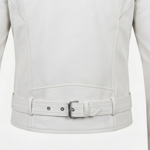Blouson de motard en cuir PU pour homme, personnalisé, blanc et jaune contrasté, col à revers, ceinturé, coupe ajustée, vêtement d'extérieur d'automne - Product Image 6