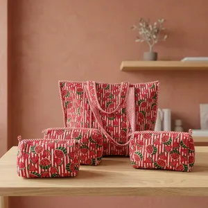 Conjunto de Bolsos Ecológicos de Algodón Acolchado con Estampado de Sandía, Bolso de Hombro con Cremallera, Bolsas de Viaje para Cosméticos y Artículos de Aseo - Product Image 4