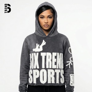 Custom Women's Streetwear Knitted Hoodie Heavyweight 400gsm Applique Patch Embroidery Raw Hem Distressed Vintage Acid Wash - Product Image 3