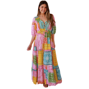 Vestido Maxi Floral con Corte en A para Mujer, Vestido de Manga Corta con Lazo Delantero - Product Image 1