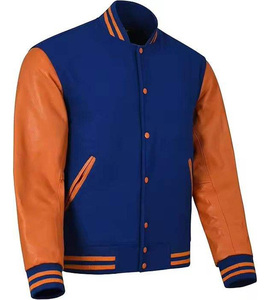 Men's Blue Varsity Jacket Orange PU Leather Sleeves Turn-down Collar Casual Autumn Wear - Product Image 3
