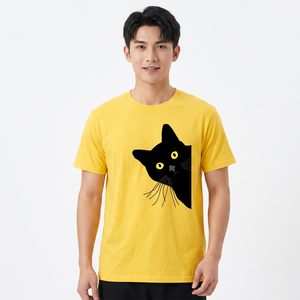 เสื้อยืดสีเหลืองสำหรับผู้ชาย พิมพ์ลายการ์ตูนแมวสีดำ แขนสั้น คอกลม ทรงลำลอง ผ้าฝ้ายเจอร์ซีย์ 100% - Product Image 6