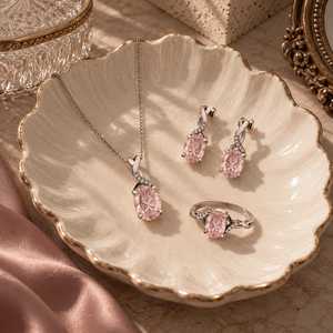 Parure de bijoux de luxe en tourmaline rose, en argent sterling 925, avec pierre précieuse ovale, collier, boucles d'oreilles et bague, élégante pour mariée, bijoux de mode - Product Image 2