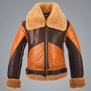 Veste en cuir bicolore pour homme, orange et marron, manteau d'hiver en peau de mouton véritable, doublure en polaire chaude, style aviateur - Product Image 1