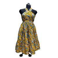 Robe longue en coton imprimé à la main Soul Jaipur, style vintage floral, à volants, col roulé, sans bretelles, ourlet portefeuille, pour l'été, la plage et les vacances, naturelle